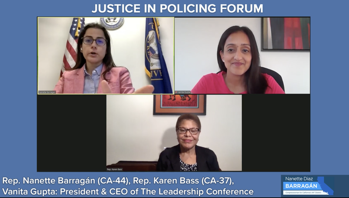 Screenshot of the justice in policing forum on Facebook, which shows Rep. Barragan, Rep. Bass, and Vanita Gupta.