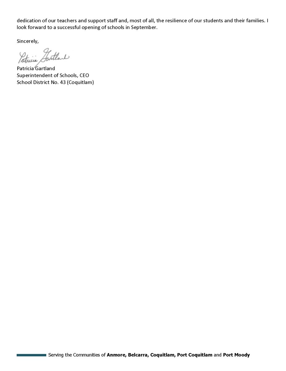 Read Superintendent Patricia Gartland's Letter sent to parents on August 4th regarding opening of schools in September. ow.ly/Pdab50ARWwA