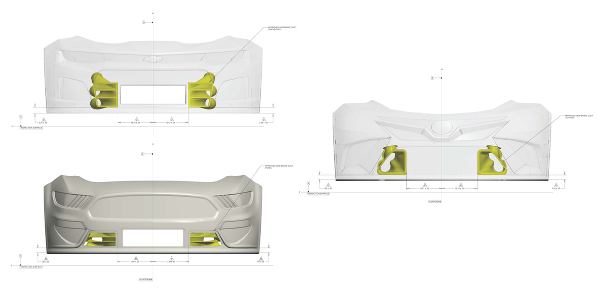 Since the Cup car bumpers are built to replicate the street car bumpers, each one of them has slightly different shapes for where the ducts can go. This shows the various shapes for each manufacturer. Like with most other parts, brake ducts have to be approved by NASCAR.