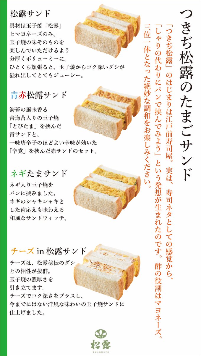 tsukidishouro's tweet photo. #つきぢ松露 の #たまごサンド
ひとくち頬張ると、玉子焼からコク深いダシが溢れ出してとてもジューシー🥪
#松露サンド
#青赤松露サンド
#チーズin松露サンド
#ネギたまサンド
玉子焼の味そのものを楽しんでいただけるよう分厚くボリューミーに!
#松露 #shouro
#築地 #築地場外市場 https://t.co/ZEQvLLjHmt