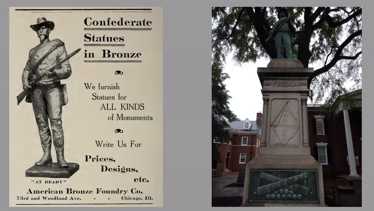 the statue in front of the albemarle county courthouse is also one of the mass produced, catalogue-purchased statues, but "this one is more bellicose," jalane says. he's at the ready.