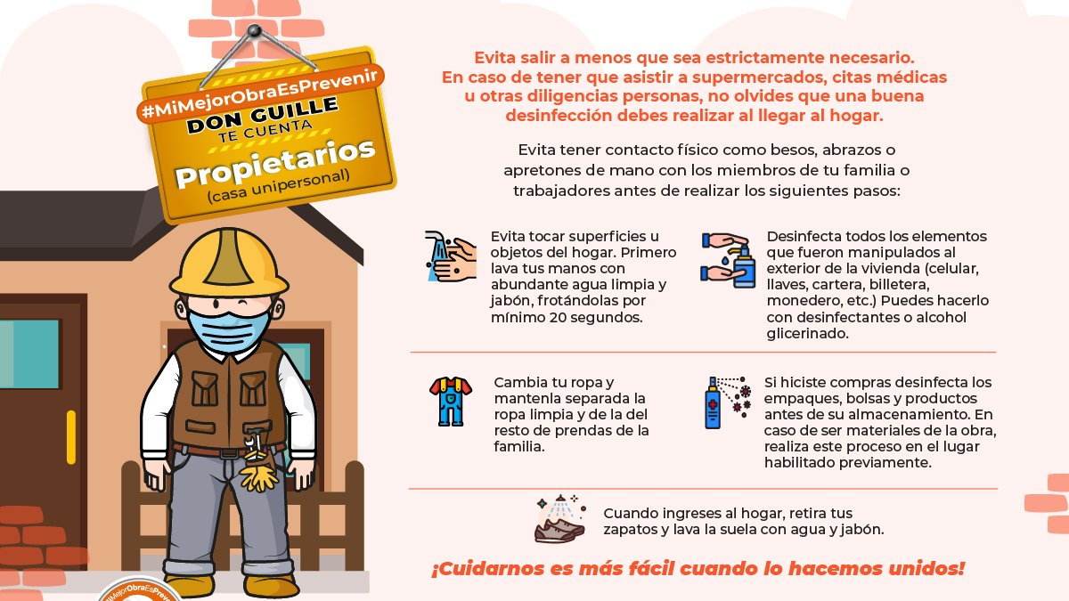 MPrevenir's tweet photo. Si estuviste fuera de casa un correcto protocolo de desinfección, te ayudará a reducir riesgo de contagio y propagación del virus. #DonGuille te cuenta qué precauciones debes tener al llegar al hogar. #MiMejorObraEsPrevenir https://t.co/LrCCtSu7g9