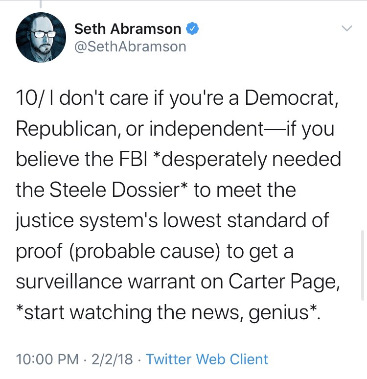 Ditto for  @SethAbramson, who also manages to shoehorn in the fabled Steele Dossier, which bears the distinction of having been even more fabricated than the FISA application against Page.