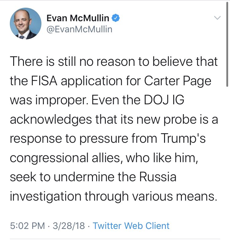 Any follow up to the assertion that “there is still no reason to believe the FISA application for Carter Page was improper”  @EvanMcMullin?The people are wondering.