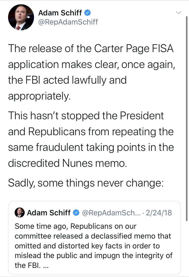 Maybe  @RepAdamSchiff, the chief architect of the Russian collusion fable, can provide us with an update?Do you still believe that “the FBI acted lawfully and appropriately” even after the head of DOJ at the time said the opposite today under oath?
