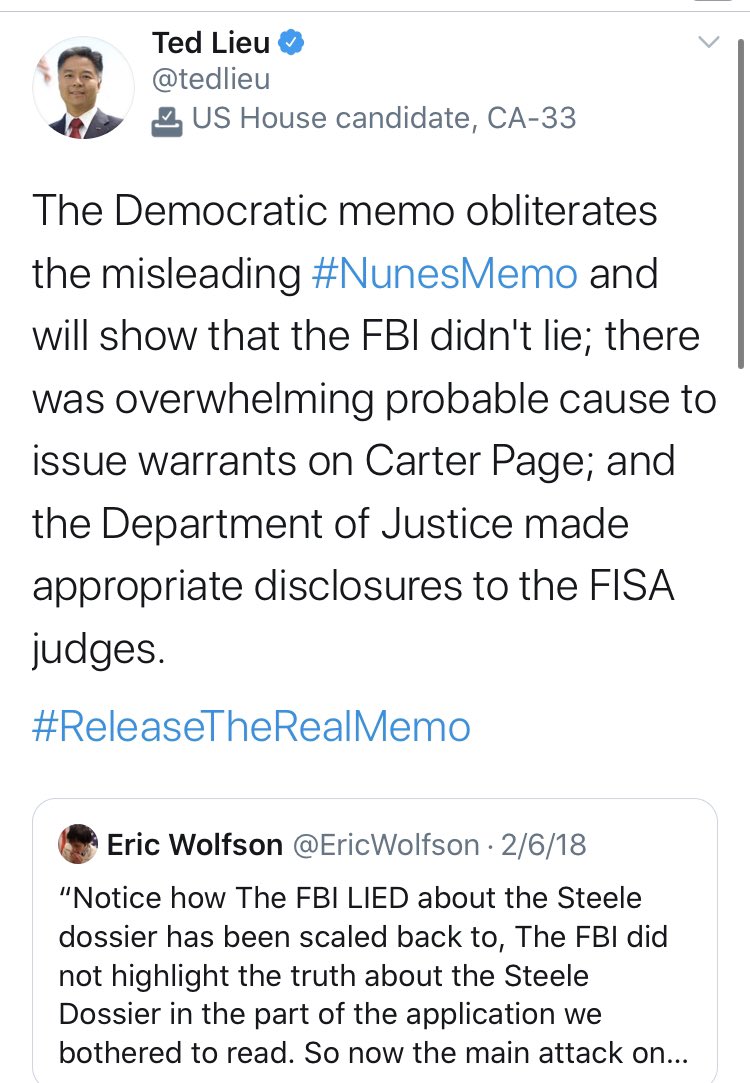 The real star of the show here is  @tedlieu. Any follow up about that memo, Congressman? Are you sure that the “FBI didn’t lie” and that it is a “false claim” to say that the “FISA process was abused”? Because former director Yates certainly doesn’t.