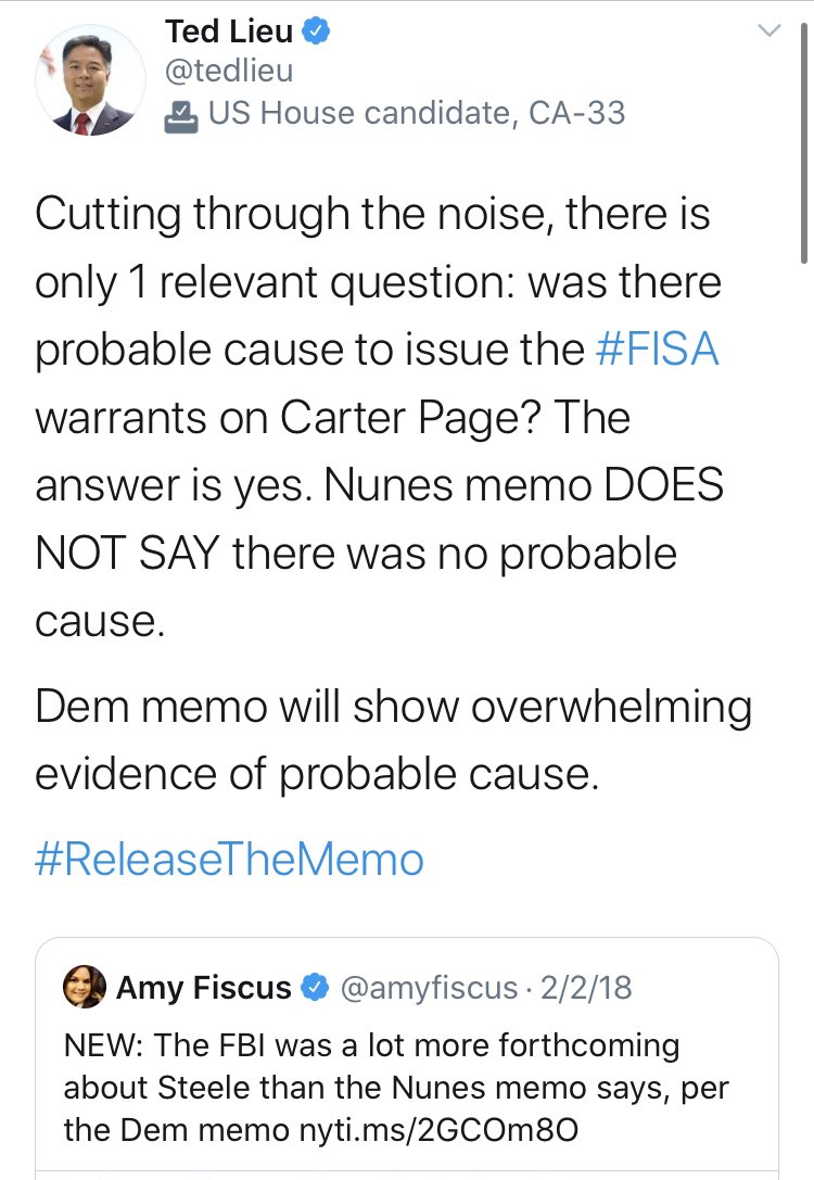 The real star of the show here is  @tedlieu. Any follow up about that memo, Congressman? Are you sure that the “FBI didn’t lie” and that it is a “false claim” to say that the “FISA process was abused”? Because former director Yates certainly doesn’t.