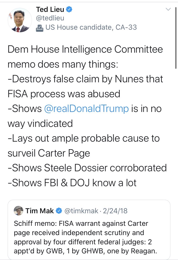 The real star of the show here is  @tedlieu. Any follow up about that memo, Congressman? Are you sure that the “FBI didn’t lie” and that it is a “false claim” to say that the “FISA process was abused”? Because former director Yates certainly doesn’t.
