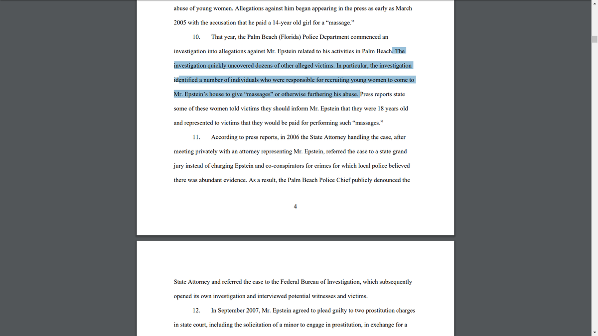 "The investigation quickly uncovered dozens of other alleged victims. In particular, the investigation ID'd a number of individuals who were responsible for recruiting young women to come to Epstein’s house to give “massages” or otherwise furthering his abuse."Recall at MAL.
