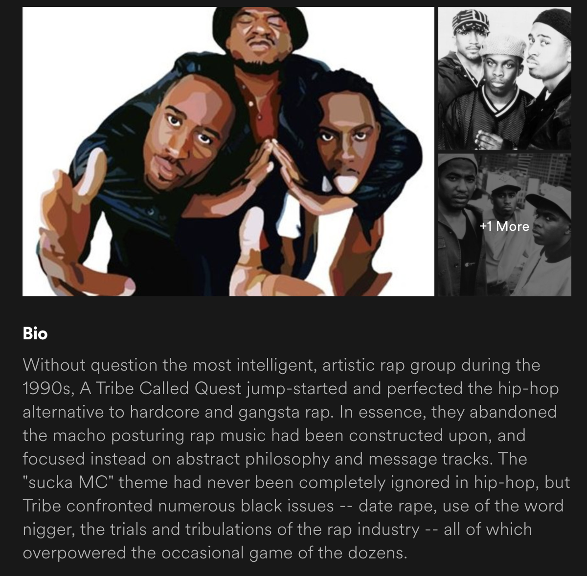 maitchka's tweet photo. hi @Spotify can you pls explain why "john bush" from some entertainment company called "rovi" wrote a tribe called quest's bio and used the n word with a hard r in the first paragraph https://t.co/7QmNiPmLMa
