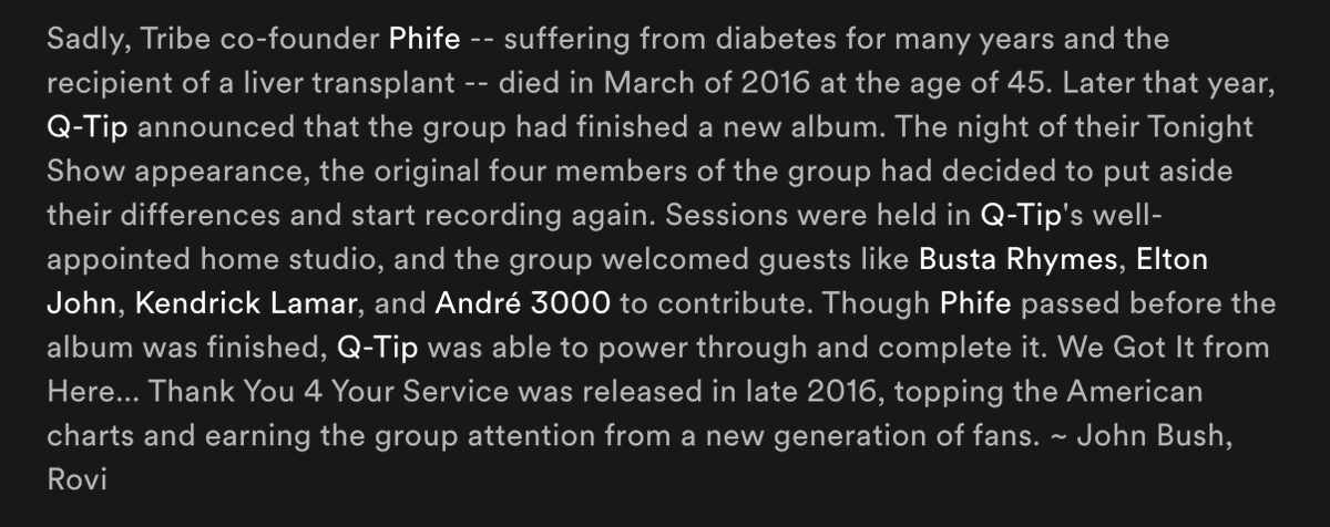maitchka's tweet photo. hi @Spotify can you pls explain why "john bush" from some entertainment company called "rovi" wrote a tribe called quest's bio and used the n word with a hard r in the first paragraph https://t.co/7QmNiPmLMa