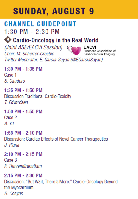 EGarciaSayan's tweet photo. Another not-to-be-missed #ASE2020 session that I'll be covering as #TwitterModerator is Cardio-Oncology in the Real World, this Sunday at 1:30 pm EST, chaired by @mariellesc1 and featuring outstanding faculty including
@EACVIPresident @ThorEdvardsen, @juancplana, @Cosyns https://t.co/4C88BPRtsN