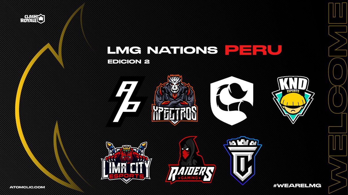 #LMGPerú 🇵🇪 🏆
Presentación ❗

Estos son los equipos que participarán en esta nueva edición.

<a href="/AyllusPeru_CR/">Ayllus Perú</a>
<a href="/XpectrosCr/">Xpectros</a>
<a href="/ScorpionsGG/">Scorpions™</a>
<a href="/SportsKnd/">KND Esports</a>
<a href="/LimaEsports/">Lima City Esports</a>
@RaidersGamingGG
<a href="/ThreeCrownsGG/">ThreeCrowns™</a>

#ClashRoyale #WeAreLMG