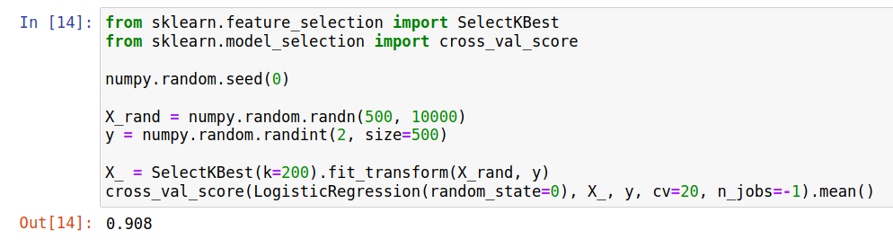 I've used this example in the past: consider ENTIRELY RANDOM data. What happens if you select the top features and then do cross-validation? You get better than random performance because the selected features coincidentally line up with the labels. 7/