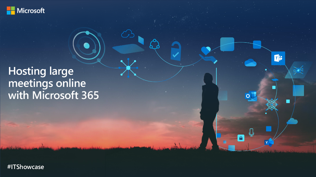  Text, "Hosting large meetings online with Microsoft 365" with sunset and silhouetted person as background.