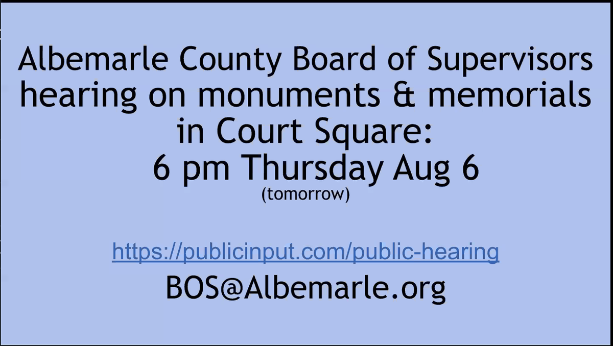 the albemarle county board of supervisors will be holding a hearing about the fate of johnny reb tomorrow. i would encourage people who DO NOT live in albemarle county to not submit comments. the BOS is really rubbed the wrong way by out of towners weighing in. it won't help.