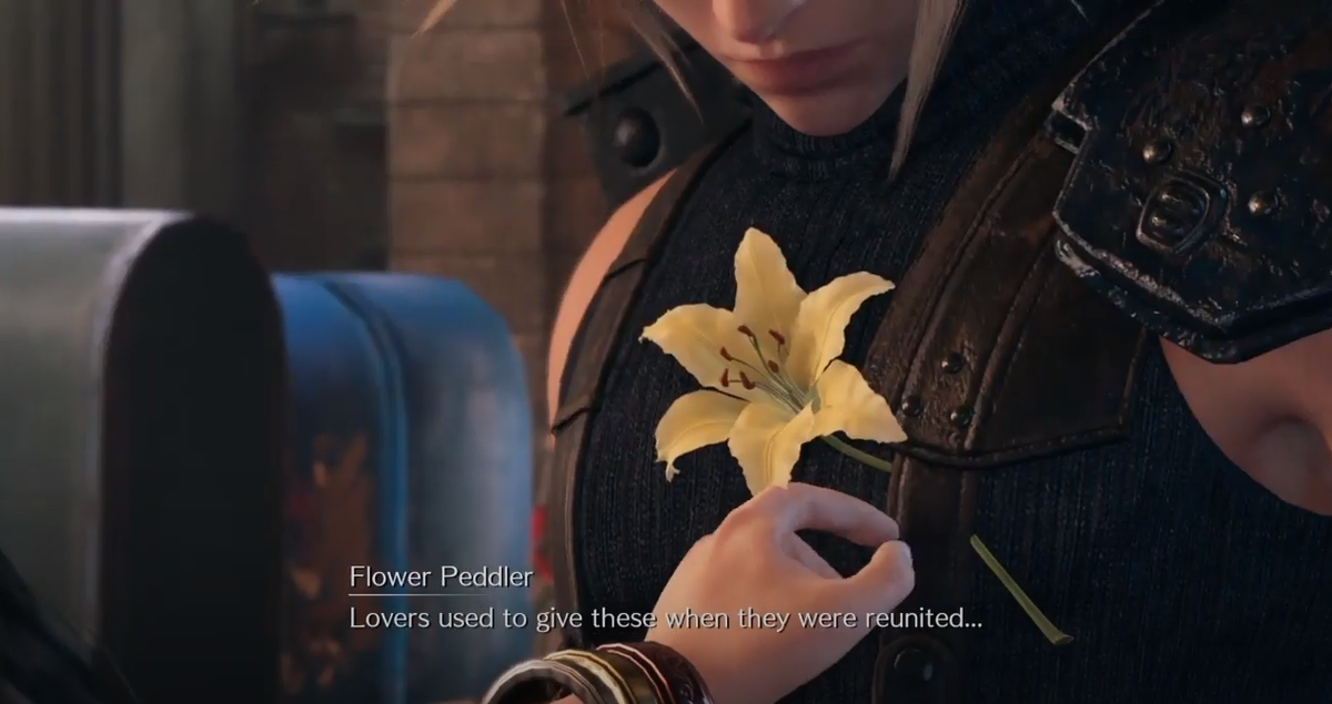 After his 5 gil offer, Aerith tells him that he can't get rid of her so easily. "Lovers used to give these when they were reunited"She places the flower over his heart and instantly his demeanor and the mood of the scene changes.