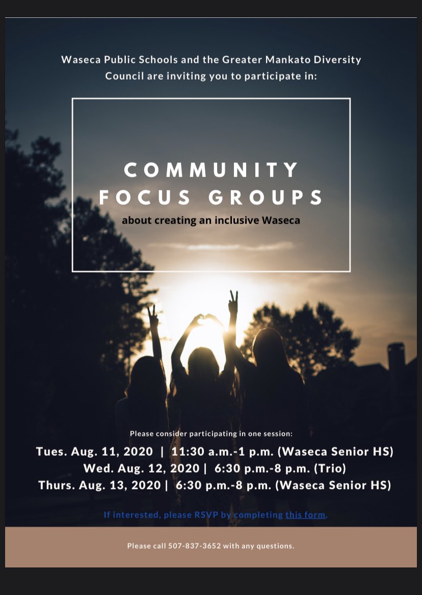 WasecaDistrict's tweet photo. Please consider participating in our Community Focus Groups about creating an inclusive Waseca! We will be conducting parent, teacher, and student focus groups at later dates. More information forthcoming. https://t.co/CsG3Lkavin