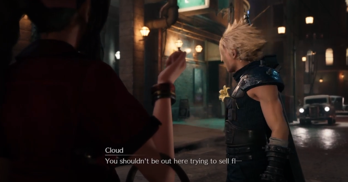 As always, Aerith sees through to Cloud--she tells him that despite whatever fears are going through his head, to relax: "No one's going to attack you. I promise" Cloud's demeanor changes again, he looks at her for a moment, bewildered by how she knew. Then he stands tall and