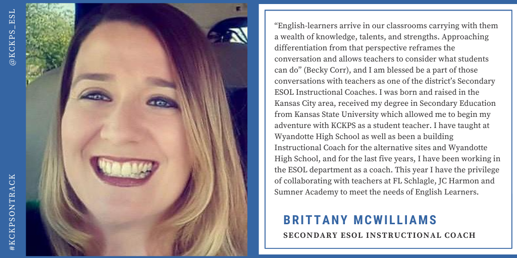 kckps_esl's tweet photo. Meet @BrittanyMcW she is one of our ESOL Instructional Coaches for secondary schools! #Kckpsontrack #KsESOL #instructionalcoach https://t.co/1kQx5aJoNE