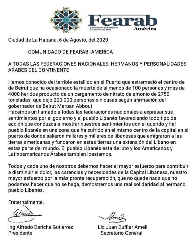 Comunicado de Fearab America. 
Favor difundir. 🇱🇧
<a href="/DSLArgentina/">Diario Sirio Libanés</a> @SanaAgencia <a href="/CoplacPalestina/">CoplacPalestina</a> <a href="/georgeelalam/">George El Alam</a> <a href="/JFEARABNacional/">Juventud FEARAB Argentina</a> <a href="/FearabUruguay/">Fearab Uruguay</a>