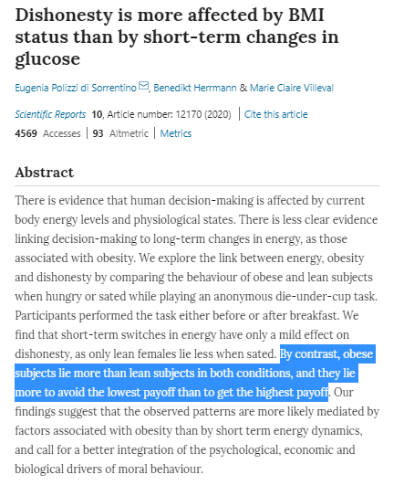 Ok, so there's a lot to unpack here. This was a randomized controlled trial looking at the impacts of fasting on lying in lean and obese peopleHeadline finding - obese people lie more than lean ones  https://twitter.com/YoniFreedhoff/status/1291126474616045571