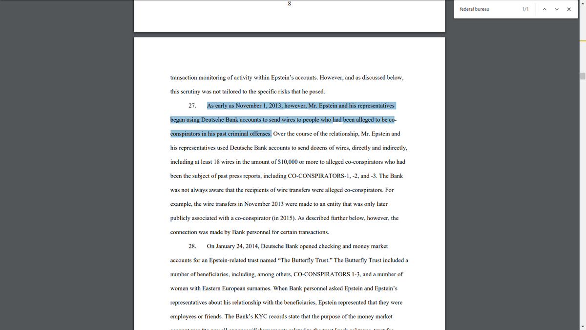 "As early as November 1, 2013 (11/1/13), however, Mr. Epstein and his representatives began using Deutsche Bank accounts to send wires to people who had been alleged to be co-conspirators in his past criminal offenses."Sweet!  https://www.dfs.ny.gov/system/files/documents/2020/07/ea20200706_deutsche_bank_consent_order.pdf