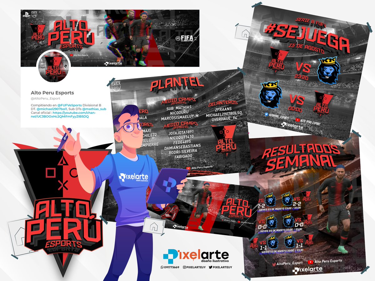 Pixelsuy's tweet image. Presentación gráfica para la nueva temporada de @AltoPeru_Esport. Gracias por la confianza y a seguir trabajando.

*Nuevo Escudo eSports
*Portada y perfil Twitter
*Portada Jugador
*Presentación de plantel
*Partido a disputar
*Resultados semanal

#NoBusquesOtro #pixelARTEuy