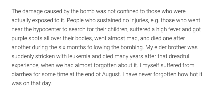 Survivor Miyoko Watanabe reminds us that many people died in the years after the bombing from exposure to radiation: