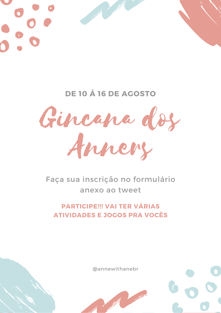 annewithanebr's tweet photo. 🚨 GINCANA DOS ANNERS 🚨
A inscrições estão abertas e vão até sábado (08/08) e o evento será na semana que vem.

Link: https://t.co/lgTsnmJyrY

Por favor leiam o banner para mais detalhes da gincana https://t.co/z2beQoq0iY