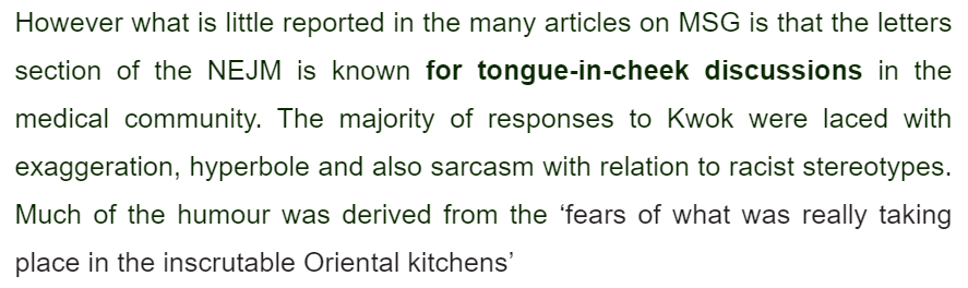 after the letter was published, other doctors piled on with their testimonies of OMG THAT'S TOTALLY TRUE CHINESE FOOD ABSOLUTELY WRECKS MEBUT what the public didn't know was that many of these responses were ironic jokes and exaggerations 6/?