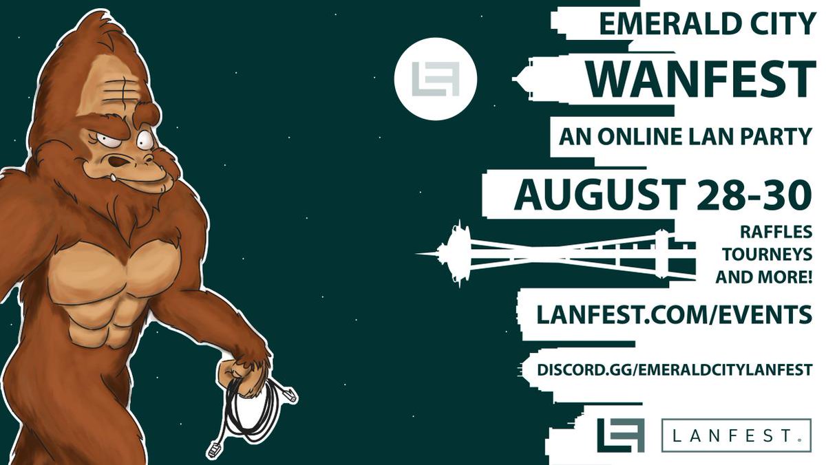 LANFESTgames's tweet photo. Ready for an epic ONLINE charity LAN party (AKA WANFest)?! The event is from August 28-30 and is hosted by Emerald City LANFest! It's FREE to join but to qualify for the raffle and tournaments buy a ticket! Register here >> https://t.co/XtzvnoGwxe

@IntelGaming #LANFest #WANFest https://t.co/k4xUkx3iSC