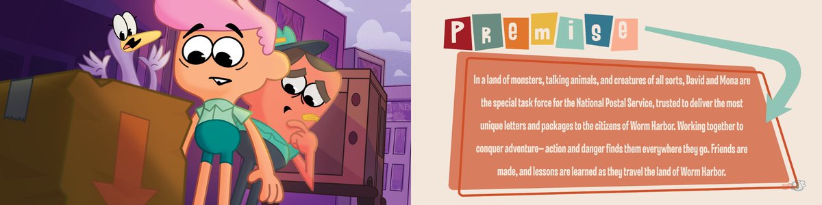 maxsbow's tweet photo. Mail Kid is about a zany and wacky boy who ends up running "special" deliveries for the post office of Worm Harbor. Mona isn't only his ride, but also his best friend. I made a whole book that you can view here https://t.co/kWw8DTfyav #bettercartoon https://t.co/7pt9FeW7fn