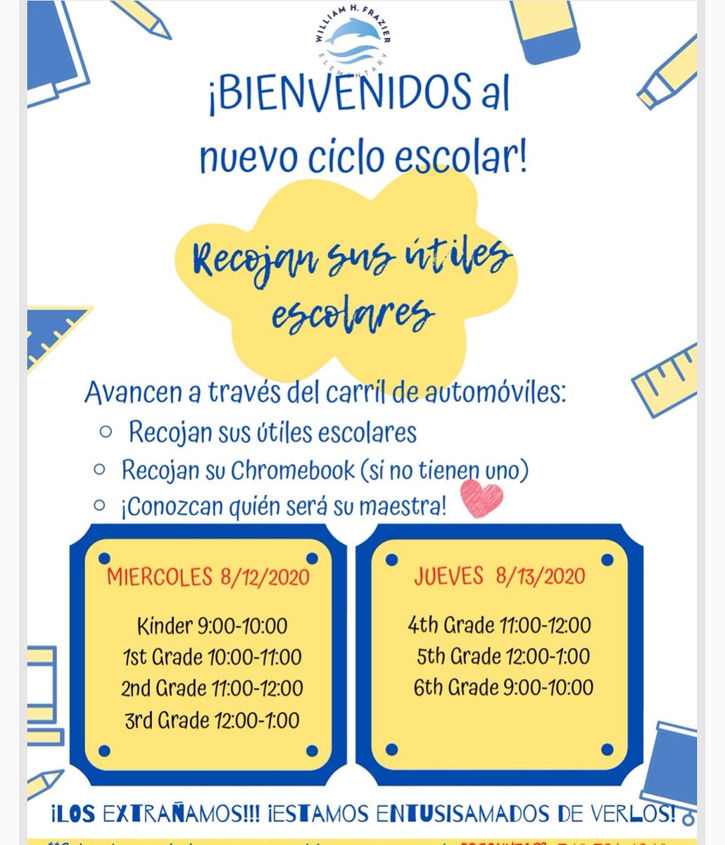 Calling all Frazier Families!! Please see schedule for dates and times to find out your teacher and pick up a bag of school supplies too! 💙🐬#FrazierFam