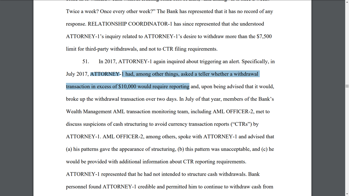 Jeffrey Epstein's attorney asking how could he do structured withdrawals so as not to trigger reporting requirements, and then being confronted about it, and denying it, lol.