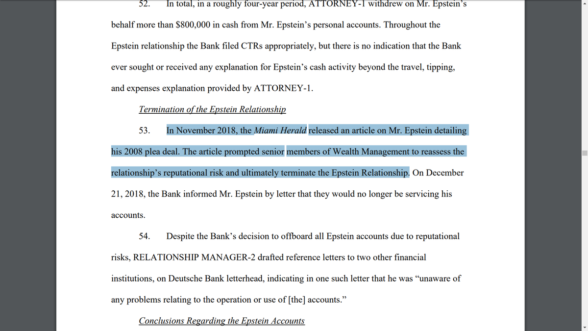 Julie K. Brown's dragging Jeffrey Epstein's ass royally in 2018, caused Deutsche Bank execs to reconsider.On 12/21/18 they informed him they would no longer be servicing his accounts, LOL. They gave him glowing references and showed him the door.