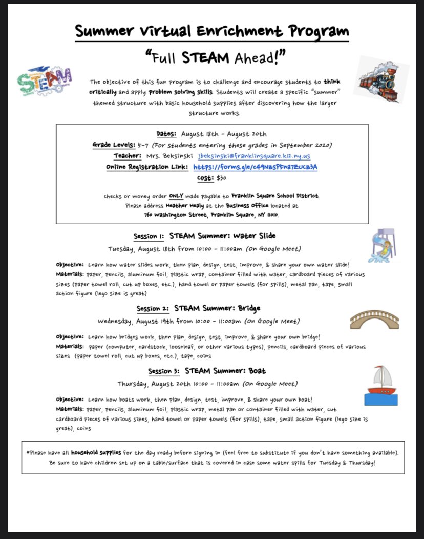 ✨ Attention grades 5-7:  ✨ I will be hosting a Summer STEAM Virtual Enrichment Program through the Franklin Square UFSD! Information regarding the program is below! I hope to see you there! 😃