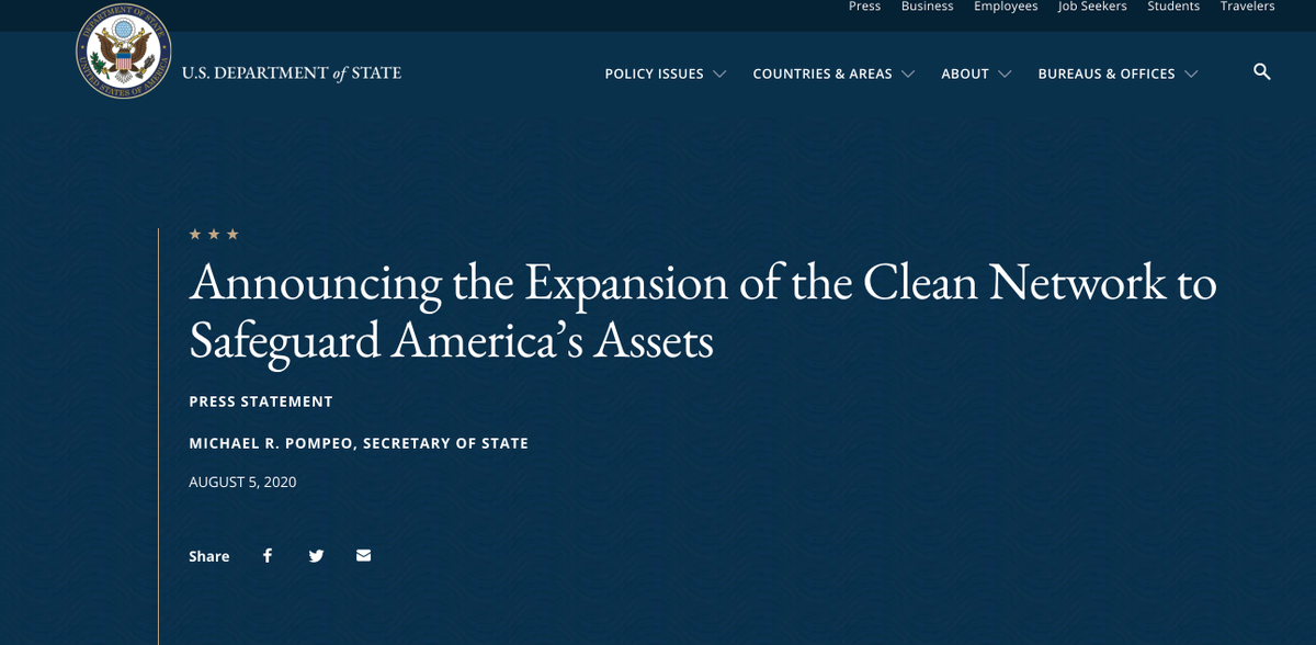 guixingren's tweet image. Trump Administration launched a “#CleanNetwork“ campaign targeting Chinese tech companies, involving critical sectors such as cloud services, mobile software, carrier business, etc. 

#Alibaba, #Tencent, and #Baidu are likely to be affected.

en.pingwest.com/w/7443