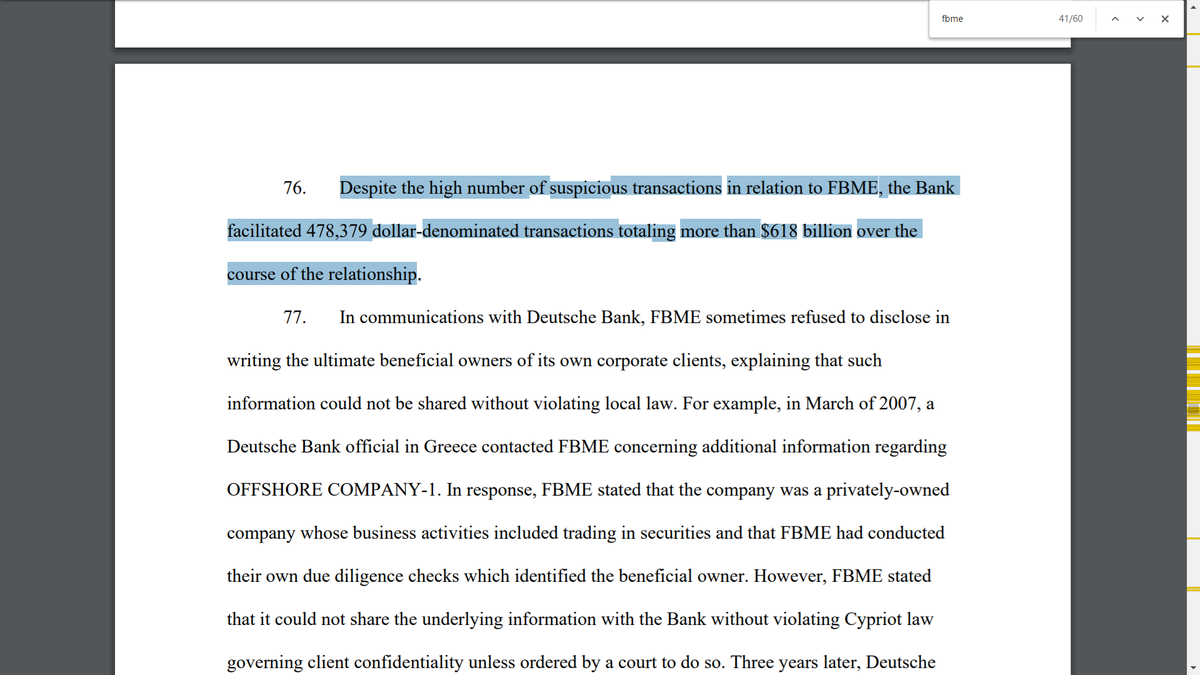 "Despite the high number of suspicious transactions in relation to FBME, the Bank facilitated 478,379 dollar-denominated transactions totaling more than $618 billion over the course of the relationship."