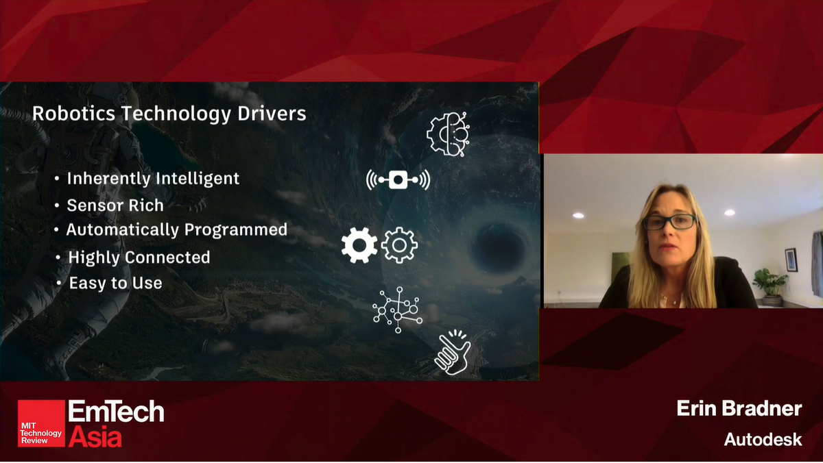 "We need to invent robots that work alongside humans, not replace them. Robots should complement us." <a href="/ErinBradner/">Erin Bradner</a> from <a href="/Autodesk/">Autodesk</a> shares the future of robotics technology drivers. #EmTechAsia