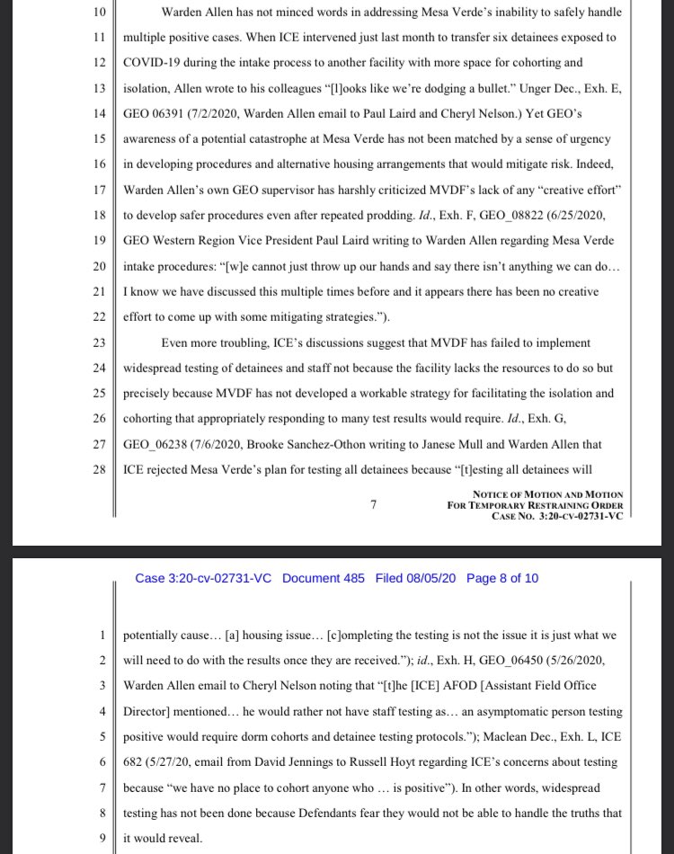 Extraordinarily troubling emails from GEO’s ICE detention center in Mesa Verde reveal that local ICE outright rejected the option of widespread COVID testing because they knew it would cause “housing issues” if they were forced to quarantine everyone who tested positive!  https://twitter.com/johnhawkinson/status/1291175100600004610