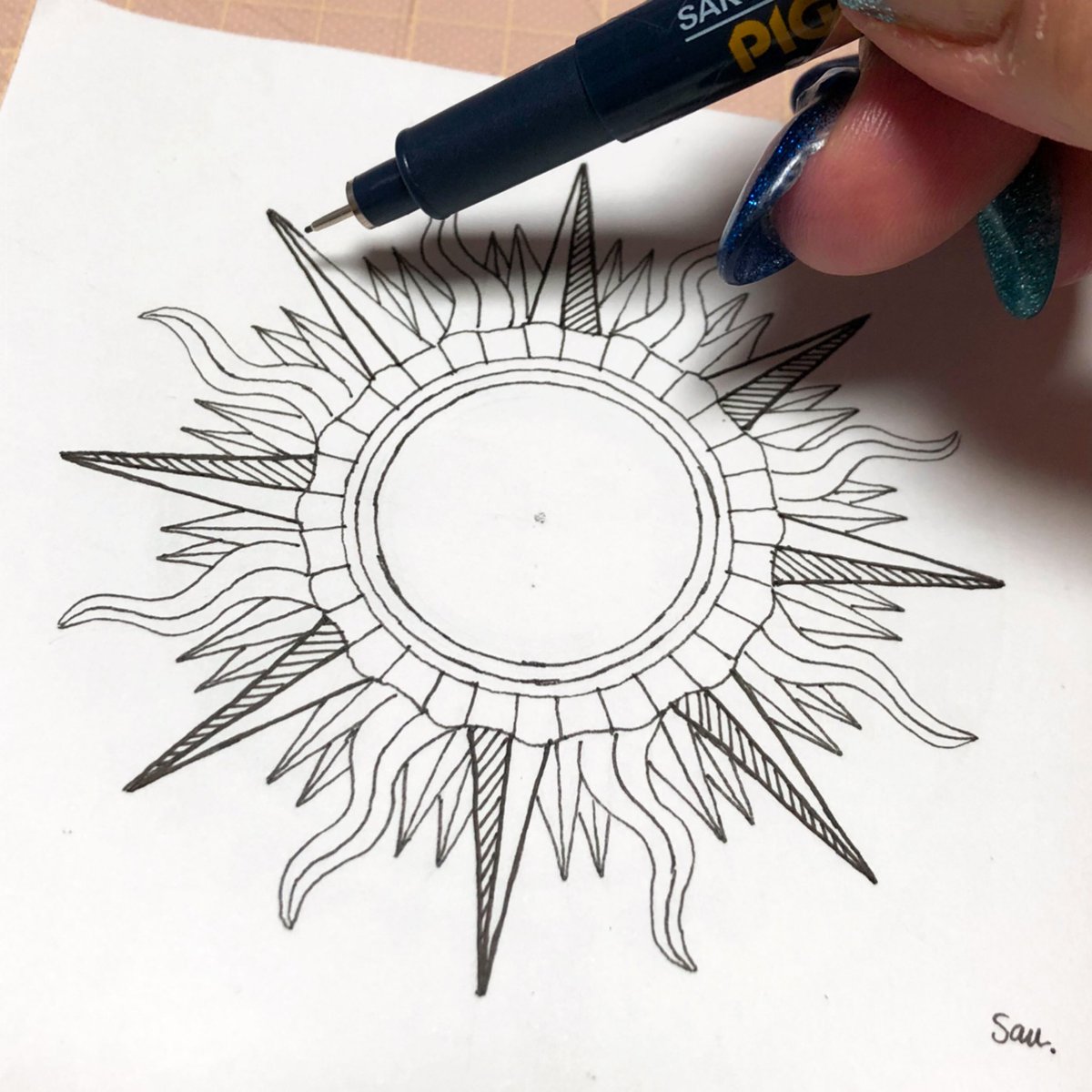 歯車配管作家 さう かれこれ太陽を２時間は描いている キリついたら休憩したい したいが キリってどこよ 太陽 太陽イラスト アンティークイラスト ラバースタンプ ラバースタンプシート ラバースタンプアート ゴムスタンプ はんこ スタンプ