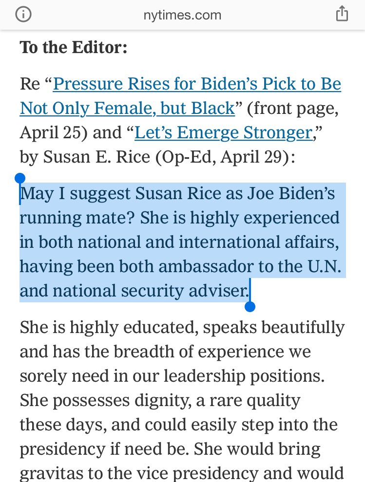 7. And 2 weeks after Obama throws support behind Biden, sudddnly Rice’s name is popping up in the same slimes for VP consideration. Hmmmmmm