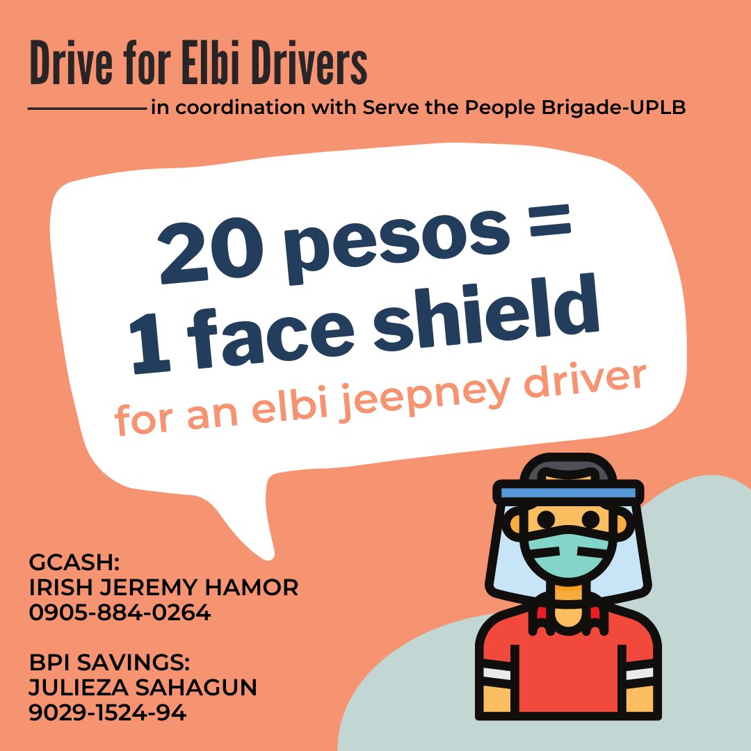 You can also donate face shields! Just send us a DM here or on our Facebook page (m.facebook.com/DriveforELBIDr…). Maraming salamat po! #FaceshieldForELBIDrivers @stpbuplb