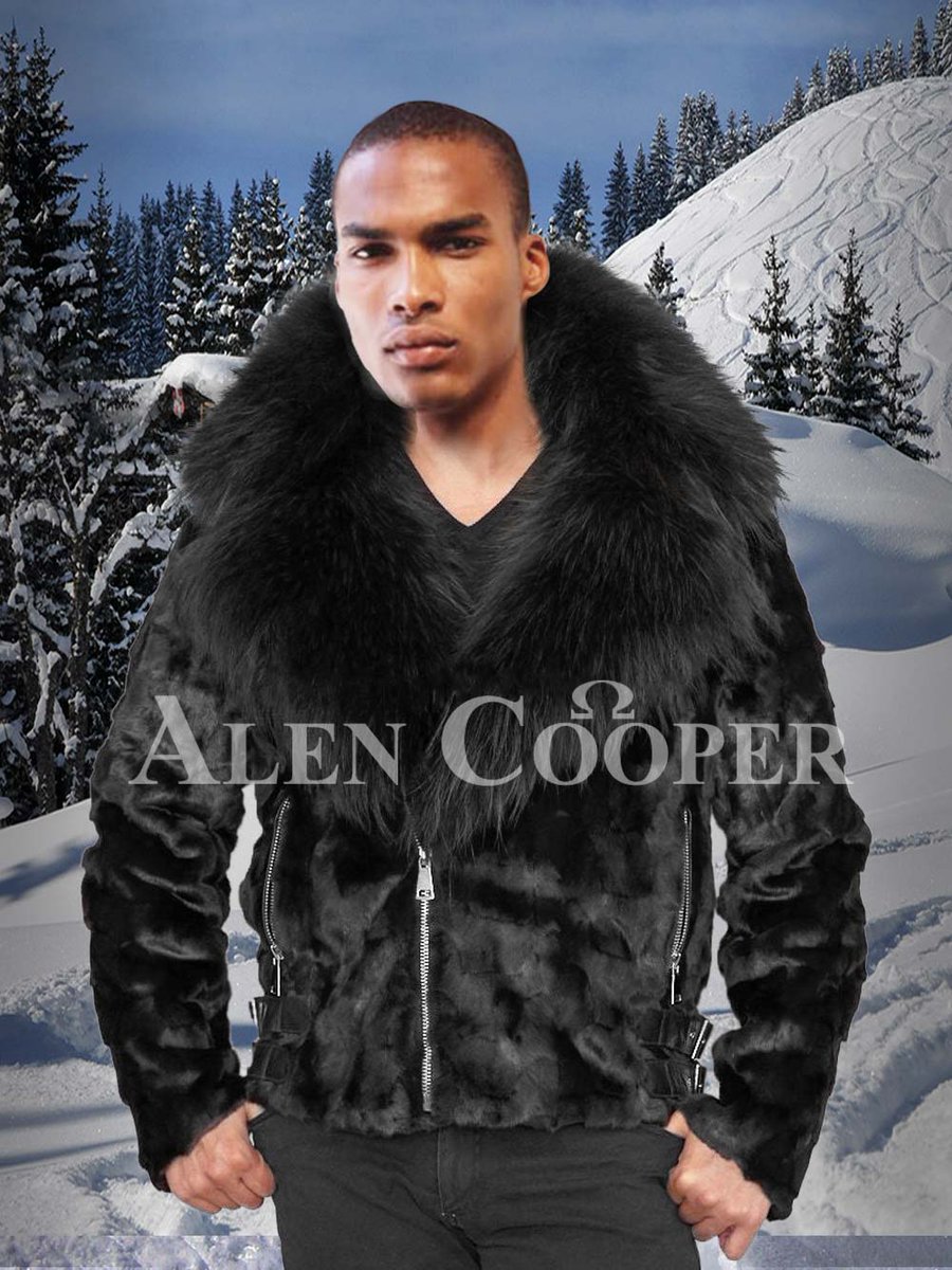 Alen Cooper Mink Fur Bomber Jacket with Hood for Men