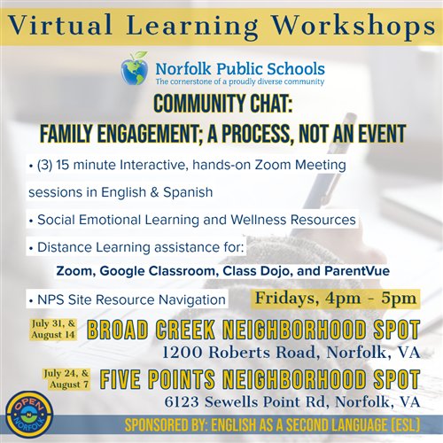 SupportEsl's tweet photo. 💻Zoom w Chromebook Stations
💻15 min DL &amp;  Decompress Sesh
💻#DistanceLearning Assistance
💻Fri 8/7, 4-5pm, Sewells Point #OpenNorfolk Neighborhood Spot

English &amp; Spanish? ✅
Another language?✅
Happy faces? ✅
Listening ears✅

Let's do this together. 🤝

#EL #ELL @NPSchools https://t.co/r8SL8i2wKG