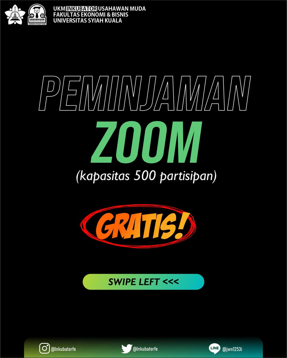inkubatorfe's tweet photo. Kabar gembira buat semua yang suka gratisan 
UKM Inkubator FEB Unsyiah menyediakan kesempatan menarik bagi yang ingin mengadakan webinar dengan kuota besar. 
𝗭𝗢𝗢𝗠 𝗺𝗲𝗲𝘁𝗶𝗻𝗴 𝗽𝗿𝗼 (𝟱𝟬𝟬 𝗽𝗮𝗿𝘁𝗶𝘀𝗶𝗽𝗮𝗻) GRATIS
⁣CP:
081264800101(Rais)⁣       085361611703 (Zahran) https://t.co/KVQRrM0kId