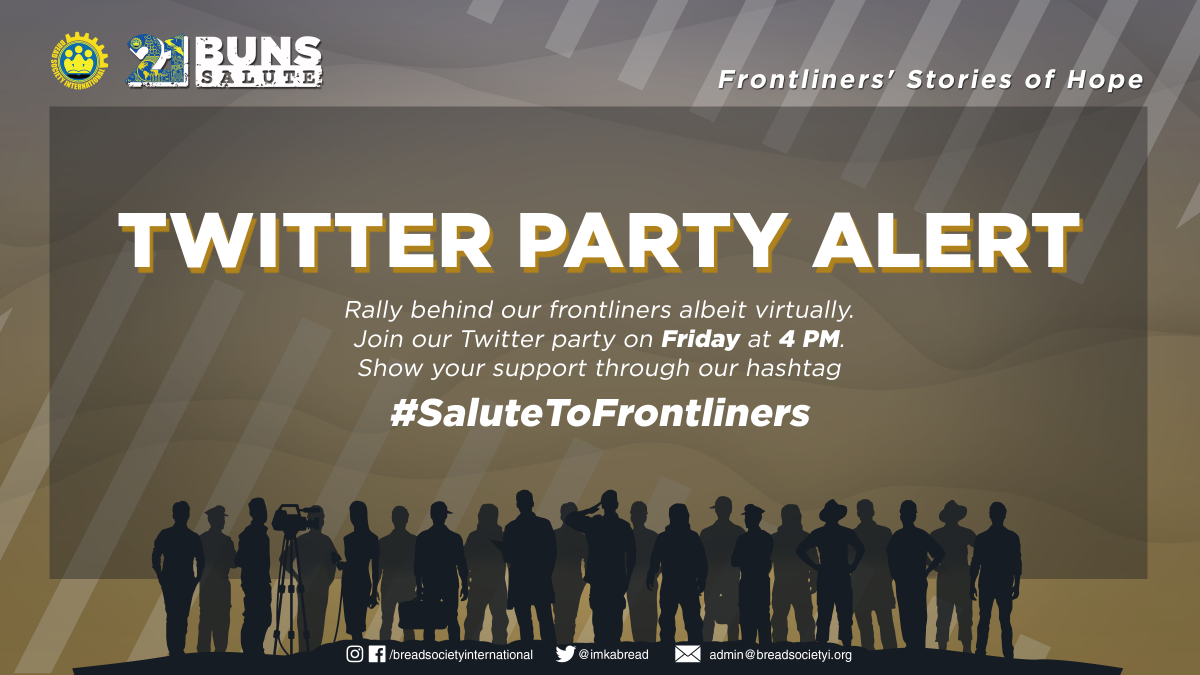 mcgibread's tweet photo. TWITTER PARTY ALERT!

A Twitter Party will take place tomorrow, beginning at 4 PM PHT as a support to frontliners.

Share your message of gratitude and encouragement for the essential workers through our hashtag #SaluteToFrontliners.

#EssentialWorkers https://t.co/TpCMvNRIRo