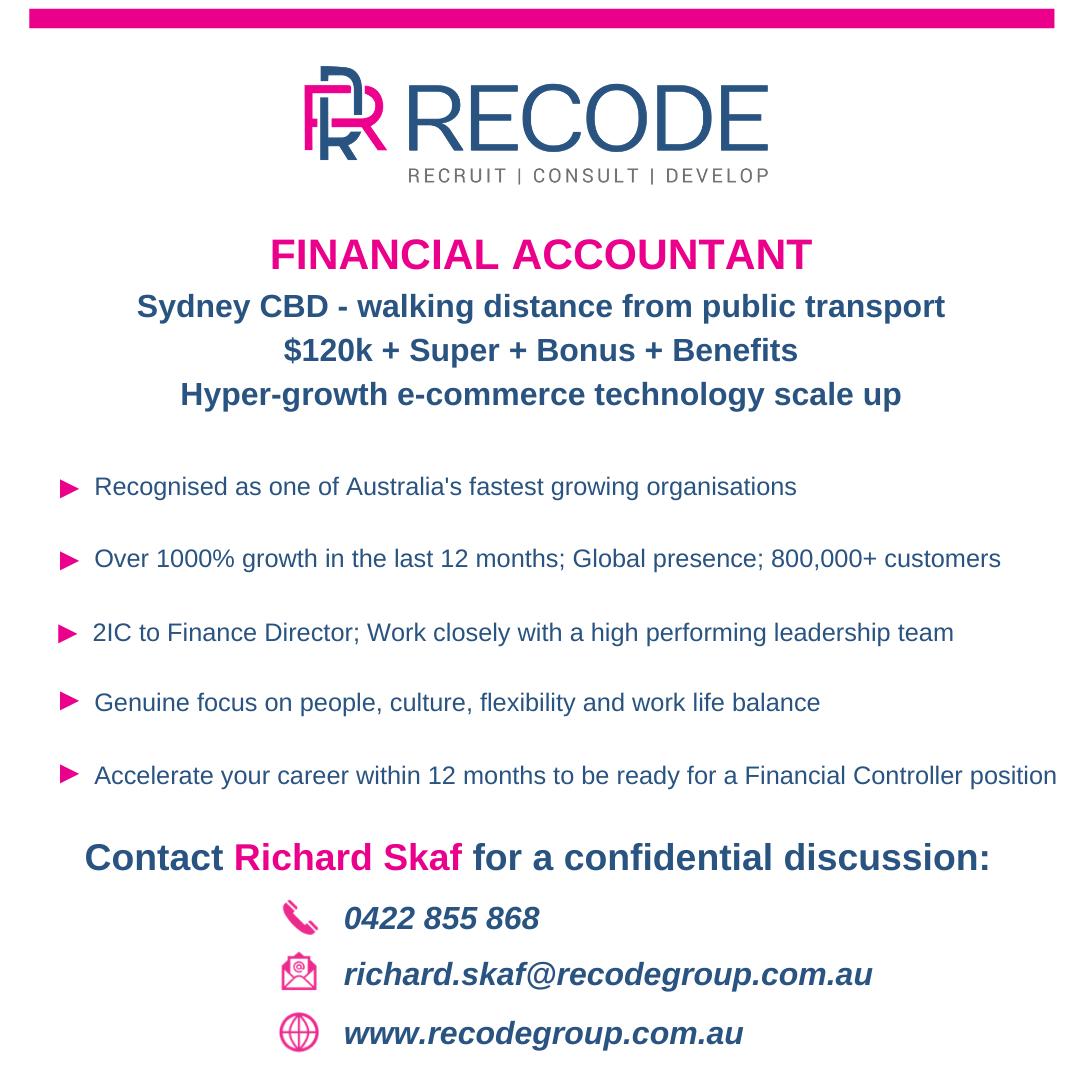 recodegroup's tweet photo. HOT NEW JOB OPPORTUNITY🔥

Financial Accountant - $120k + Super + Bonus + Benefits

@recodegroup have been exclusively retained by one of Australia's fastest growing e-commerce technology disruptors. 

Contact @richard_skaf &amp; learn how to RECODE your future today!

#recodegroup https://t.co/3X0tRC9UAm