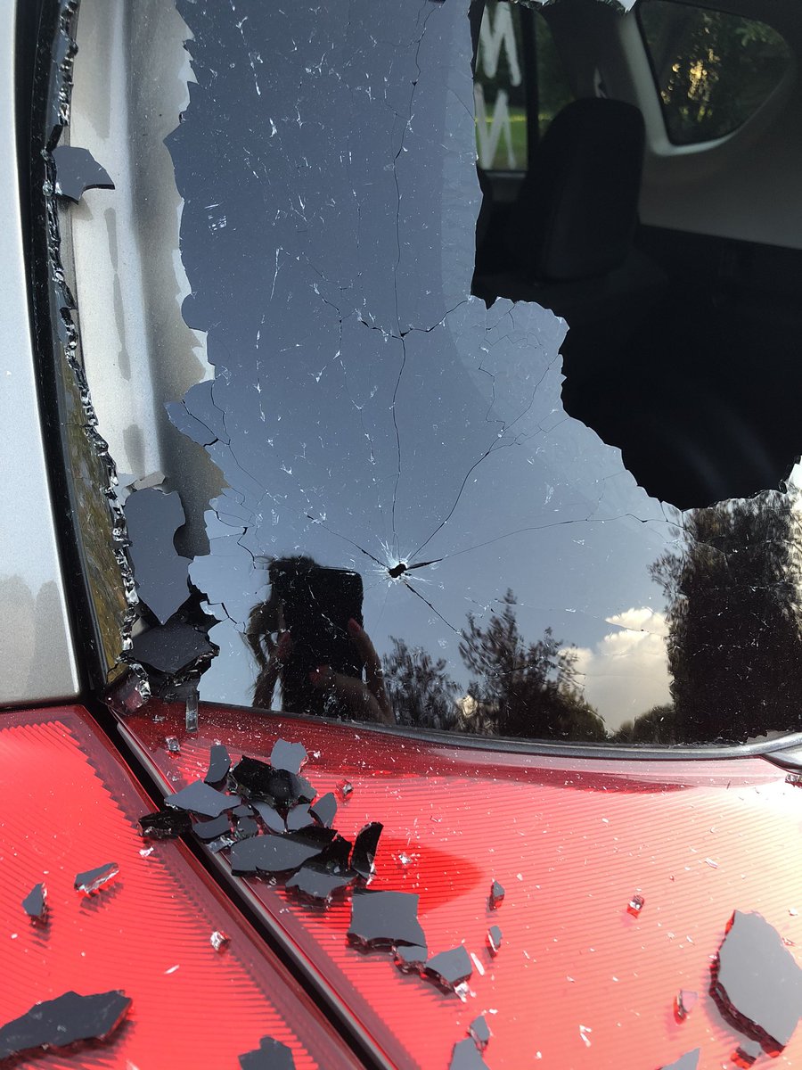 BethSaboe's tweet image. Tonight someone shot out the back window &amp;amp; side of a vehicle parked in front of my house. This car belonged to my niece’s friend. Can only assume this was racially motivated. This vandalism happened in broad daylight in tiny Manhattan, #Montana. #BLM